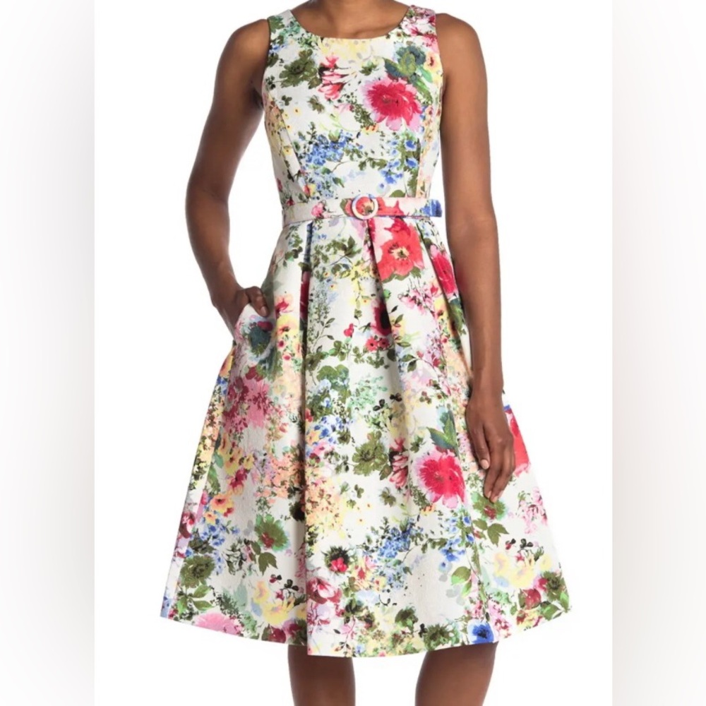 Danny & Nicole Women Floral Fit-Flare Dress Multicolor.Midi Very Thick Fabric.